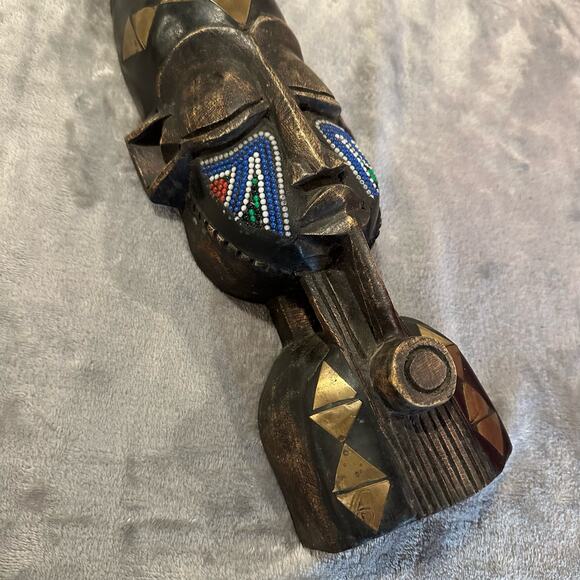 Wooden Mask Ghana Africa Ghanean Tribal Beaded Cheeks African Art Embossed Metal - Picture 5 of 11